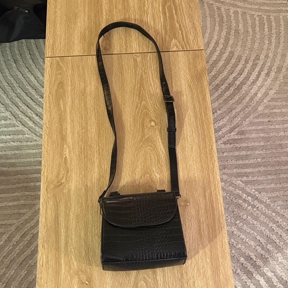 The Drop Black Croc-Embossed Crossbody Bag with Adjustable Strap